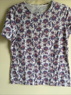 Talbots White Tee with Red and Blue Paisley Floral Print